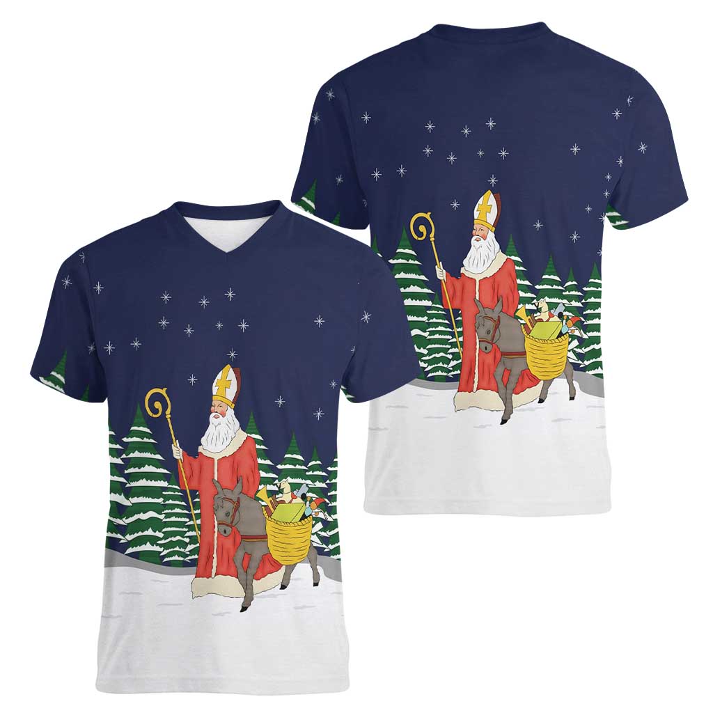 Saint Nicholas Christmas Women V-Neck T-Shirt Xmas Holiday Patterns - Wonder Print Shop