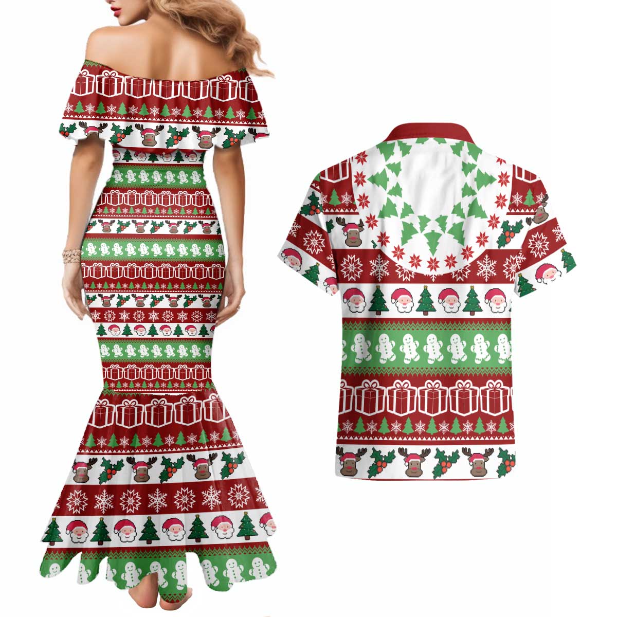 Snowman Tree Christmas Couples Matching Mermaid Dress and Hawaiian Shirt Xmas Holiday Patterns - Wonder Print Shop