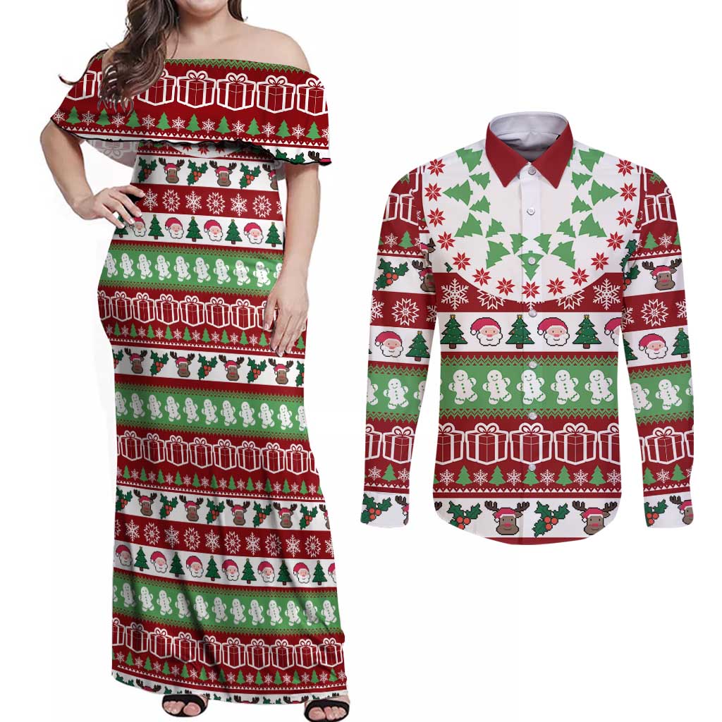 Snowman Tree Christmas Couples Matching Off Shoulder Maxi Dress and Long Sleeve Button Shirt Xmas Holiday Patterns - Wonder Print Shop