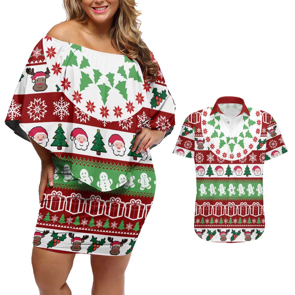 Snowman Tree Christmas Couples Matching Off Shoulder Short Dress and Hawaiian Shirt Xmas Holiday Patterns - Wonder Print Shop