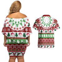 Snowman Tree Christmas Couples Matching Off Shoulder Short Dress and Hawaiian Shirt Xmas Holiday Patterns - Wonder Print Shop