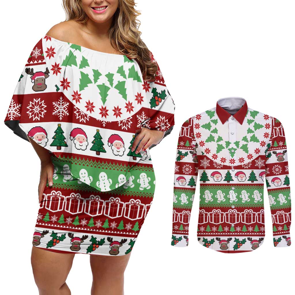 Snowman Tree Christmas Couples Matching Off Shoulder Short Dress and Long Sleeve Button Shirt Xmas Holiday Patterns - Wonder Print Shop