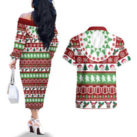 Snowman Tree Christmas Couples Matching Off The Shoulder Long Sleeve Dress and Hawaiian Shirt Xmas Holiday Patterns - Wonder Print Shop
