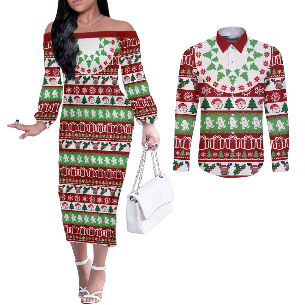 Snowman Tree Christmas Couples Matching Off The Shoulder Long Sleeve Dress and Long Sleeve Button Shirt Xmas Holiday Patterns - Wonder Print Shop