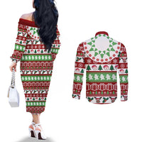 Snowman Tree Christmas Couples Matching Off The Shoulder Long Sleeve Dress and Long Sleeve Button Shirt Xmas Holiday Patterns - Wonder Print Shop