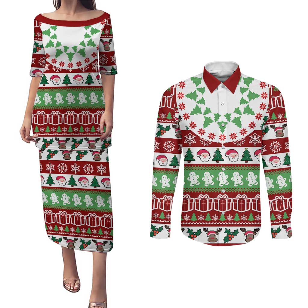 Snowman Tree Christmas Couples Matching Puletasi and Long Sleeve Button Shirt Xmas Holiday Patterns - Wonder Print Shop