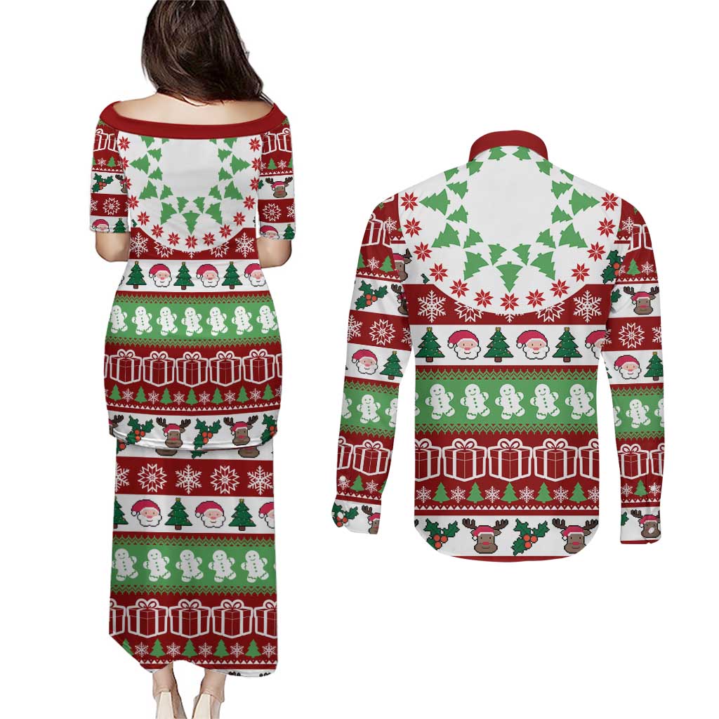 Snowman Tree Christmas Couples Matching Puletasi and Long Sleeve Button Shirt Xmas Holiday Patterns - Wonder Print Shop