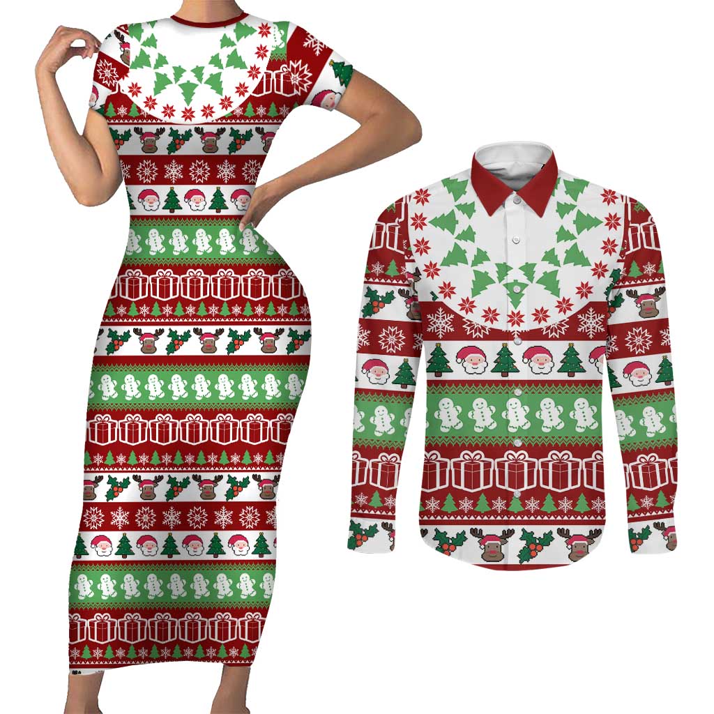 Snowman Tree Christmas Couples Matching Short Sleeve Bodycon Dress and Long Sleeve Button Shirt Xmas Holiday Patterns - Wonder Print Shop