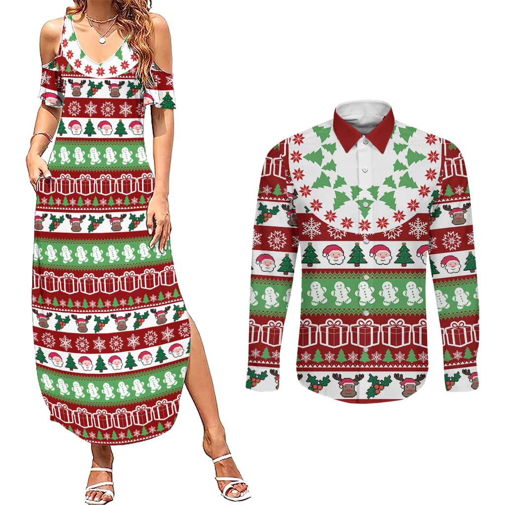 Snowman Tree Christmas Couples Matching Summer Maxi Dress and Long Sleeve Button Shirt Xmas Holiday Patterns - Wonder Print Shop