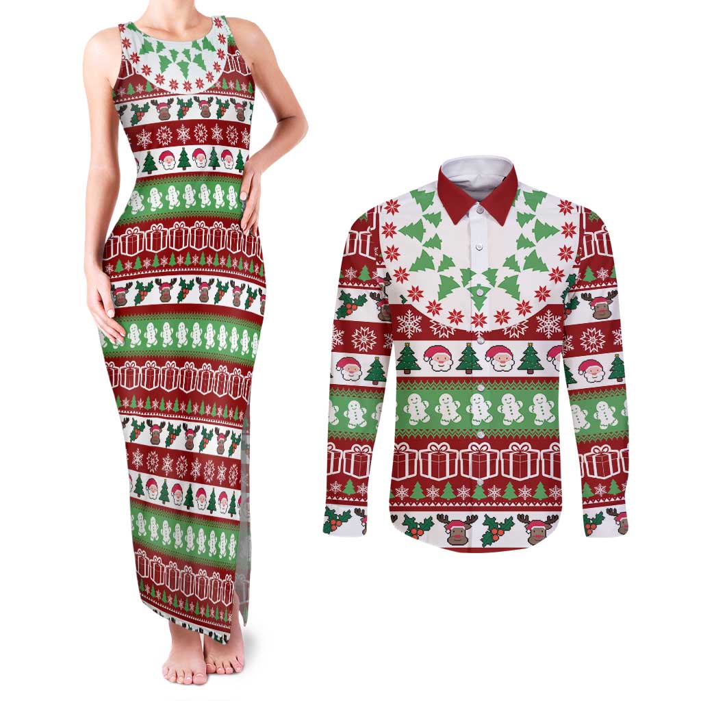 Snowman Tree Christmas Couples Matching Tank Maxi Dress and Long Sleeve Button Shirt Xmas Holiday Patterns - Wonder Print Shop