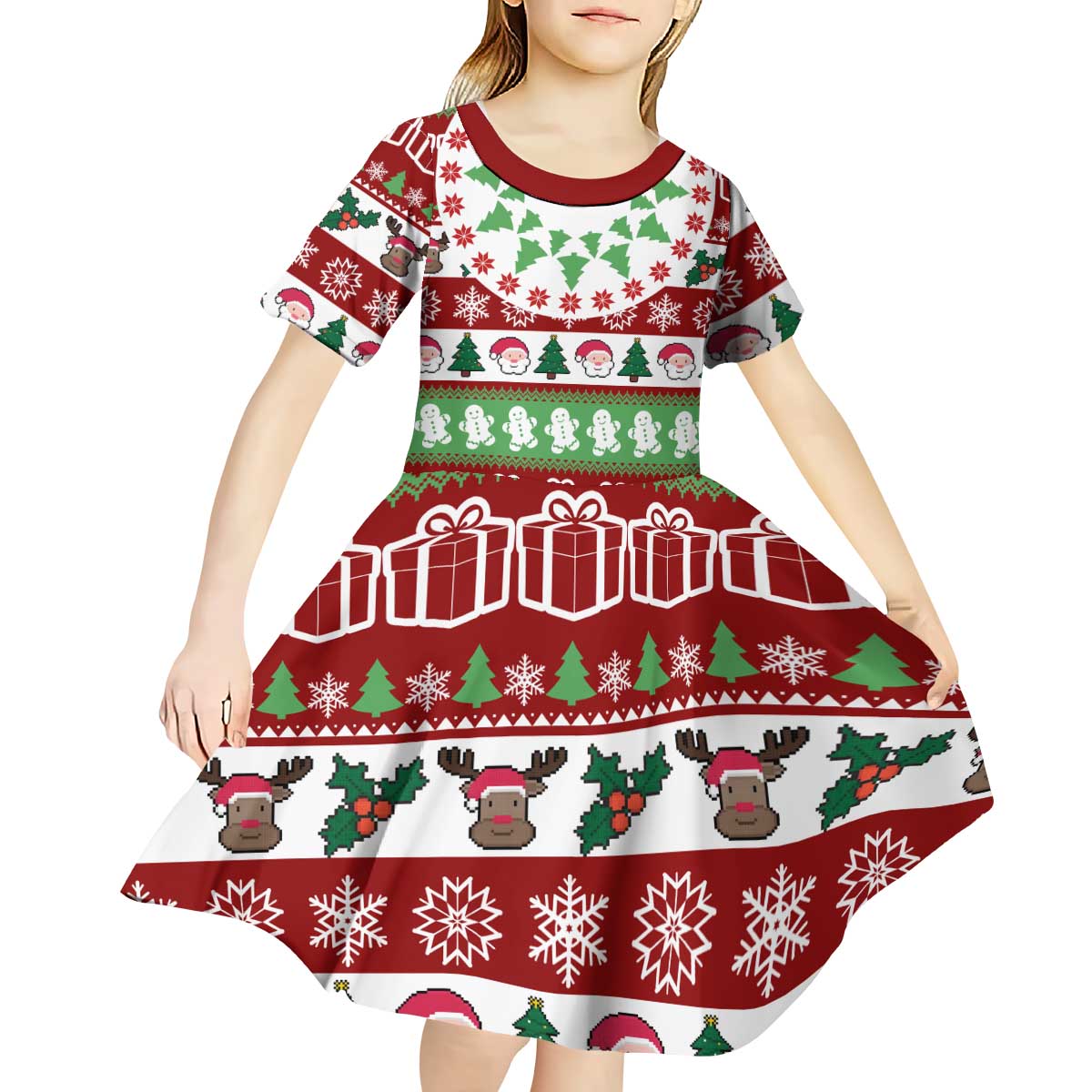 Snowman Tree Christmas Kid Short Sleeve Dress Xmas Holiday Patterns - Wonder Print Shop