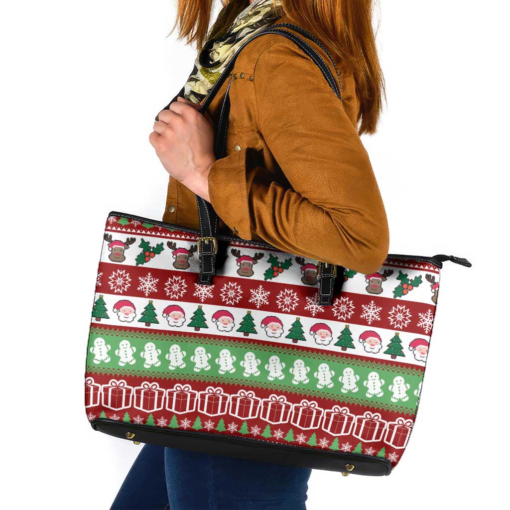 Snowman Tree Christmas Leather Tote Bag Xmas Holiday Patterns - Wonder Print Shop