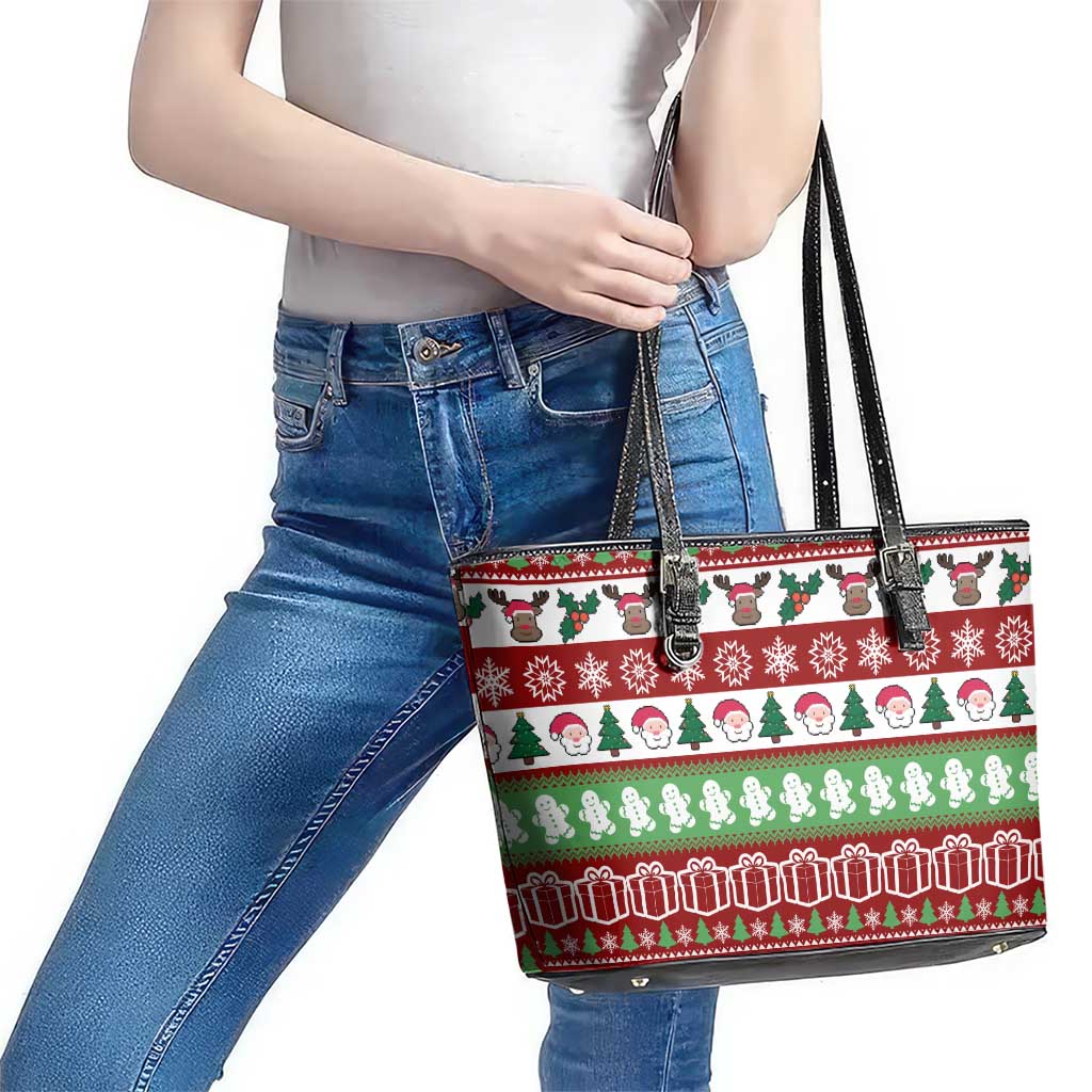 Snowman Tree Christmas Leather Tote Bag Xmas Holiday Patterns - Wonder Print Shop