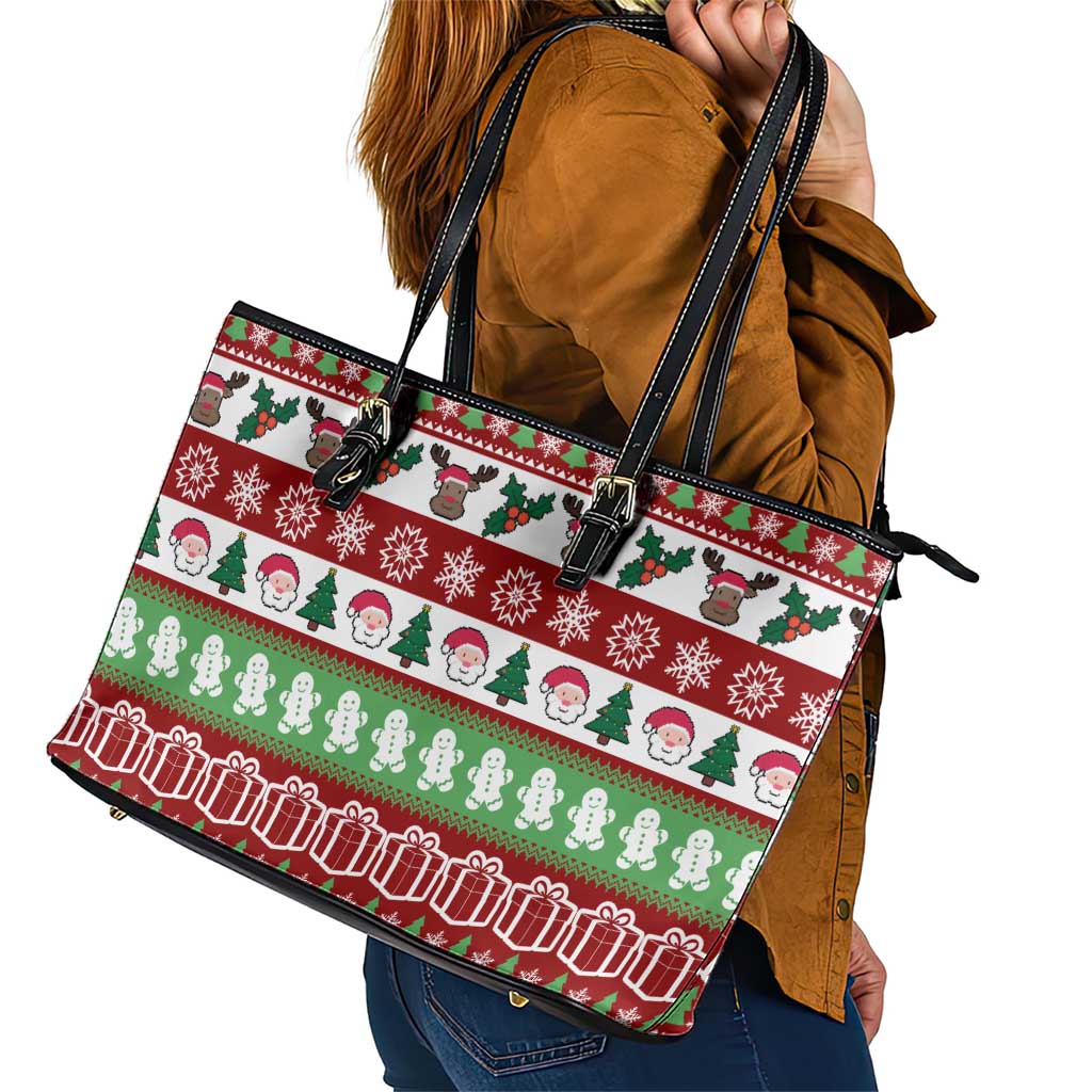 Snowman Tree Christmas Leather Tote Bag Xmas Holiday Patterns - Wonder Print Shop