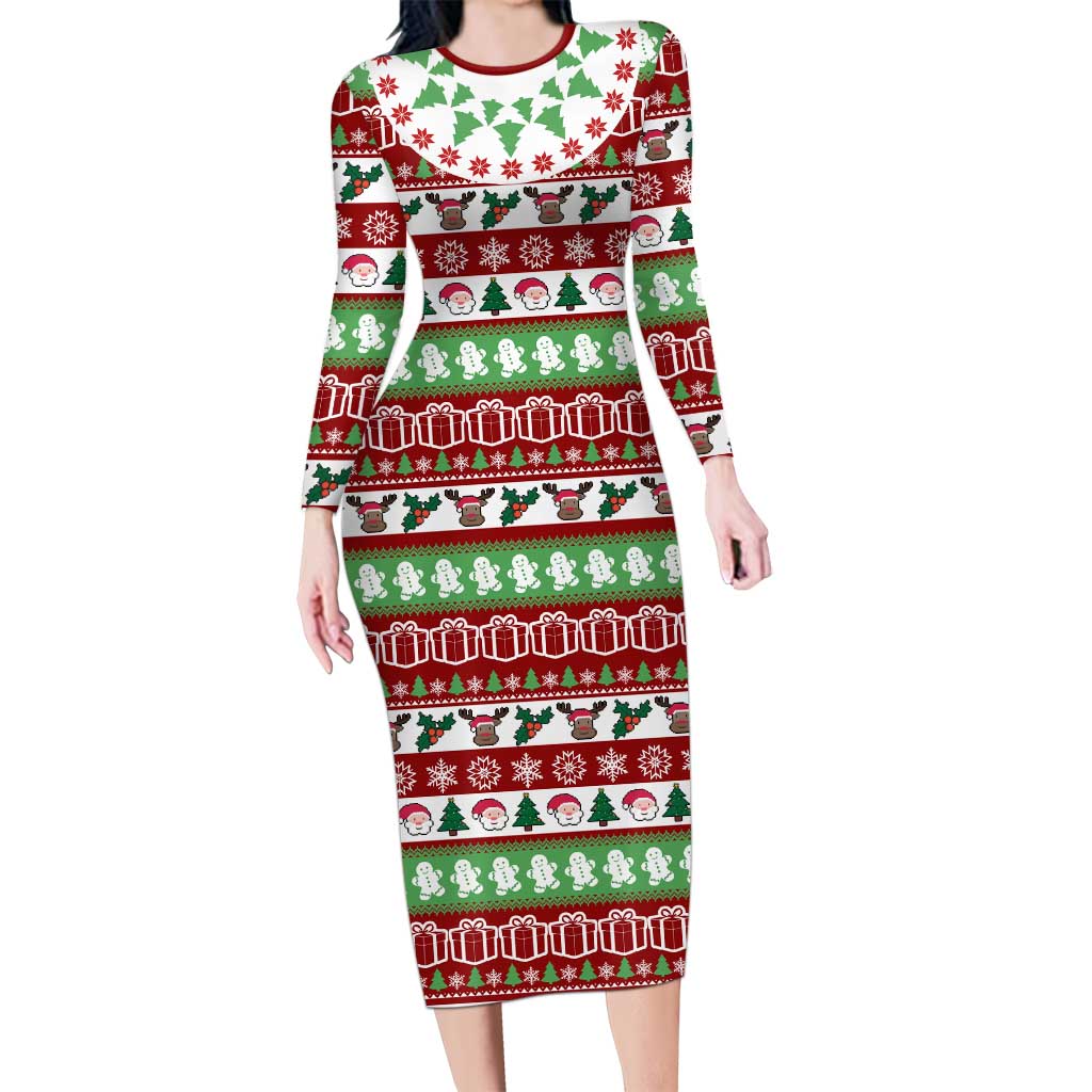 Snowman Tree Christmas Long Sleeve Bodycon Dress Xmas Holiday Patterns - Wonder Print Shop
