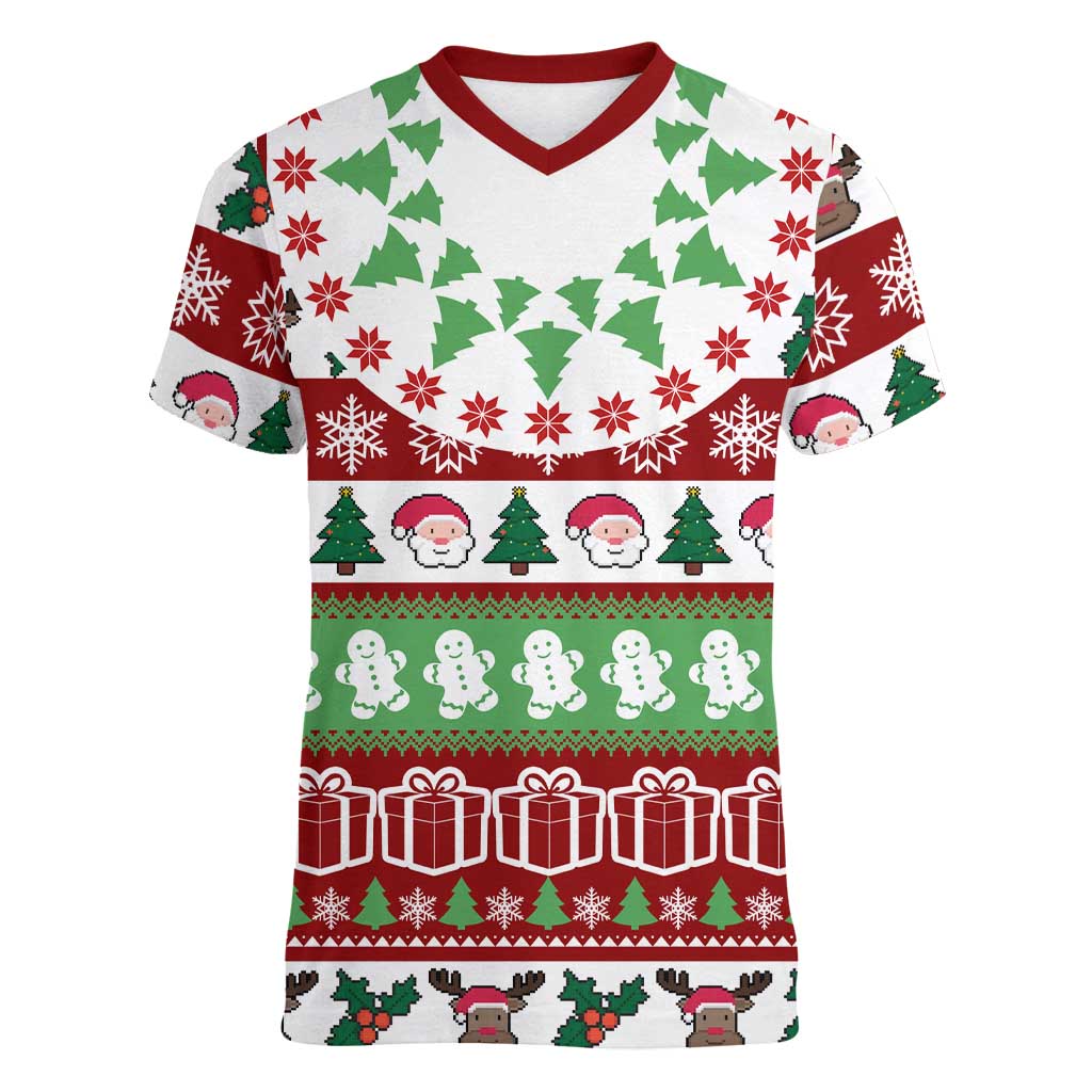 Snowman Tree Christmas Women V-Neck T-Shirt Xmas Holiday Patterns - Wonder Print Shop
