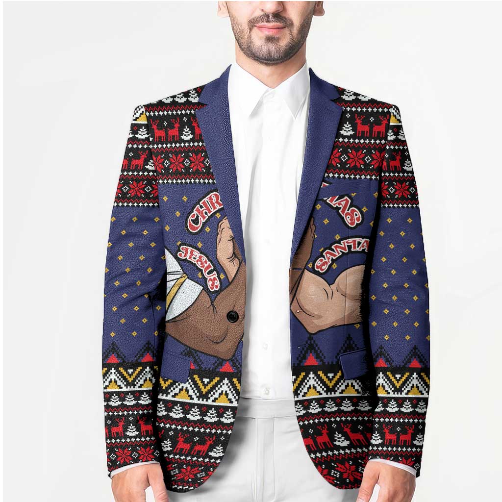 Santa And Jesus Christmas Christmas Blazer Xmas Holiday Patterns - Wonder Print Shop