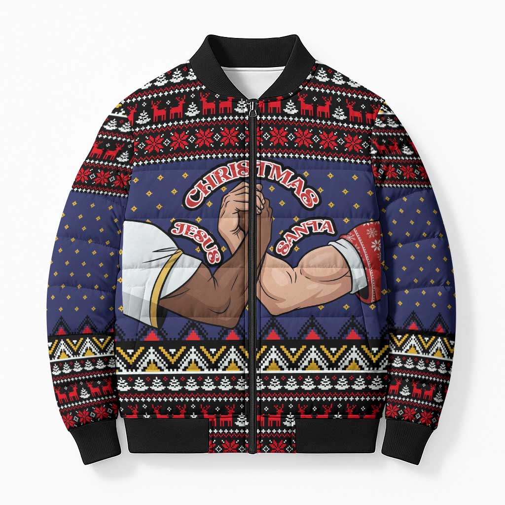 Santa And Jesus Christmas Christmas Bomber Puffer Jacket Xmas Holiday Patterns - Wonder Print Shop