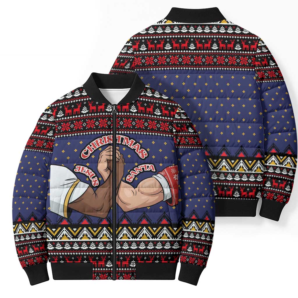 Santa And Jesus Christmas Christmas Bomber Puffer Jacket Xmas Holiday Patterns - Wonder Print Shop