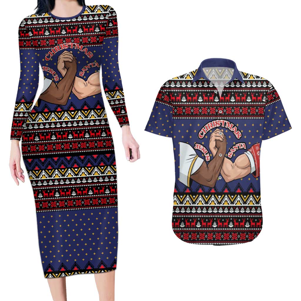 Santa And Jesus Christmas Christmas Couples Matching Long Sleeve Bodycon Dress and Hawaiian Shirt Xmas Holiday Patterns - Wonder Print Shop