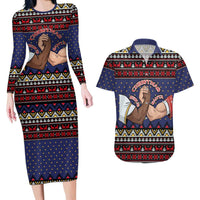 Santa And Jesus Christmas Christmas Couples Matching Long Sleeve Bodycon Dress and Hawaiian Shirt Xmas Holiday Patterns - Wonder Print Shop