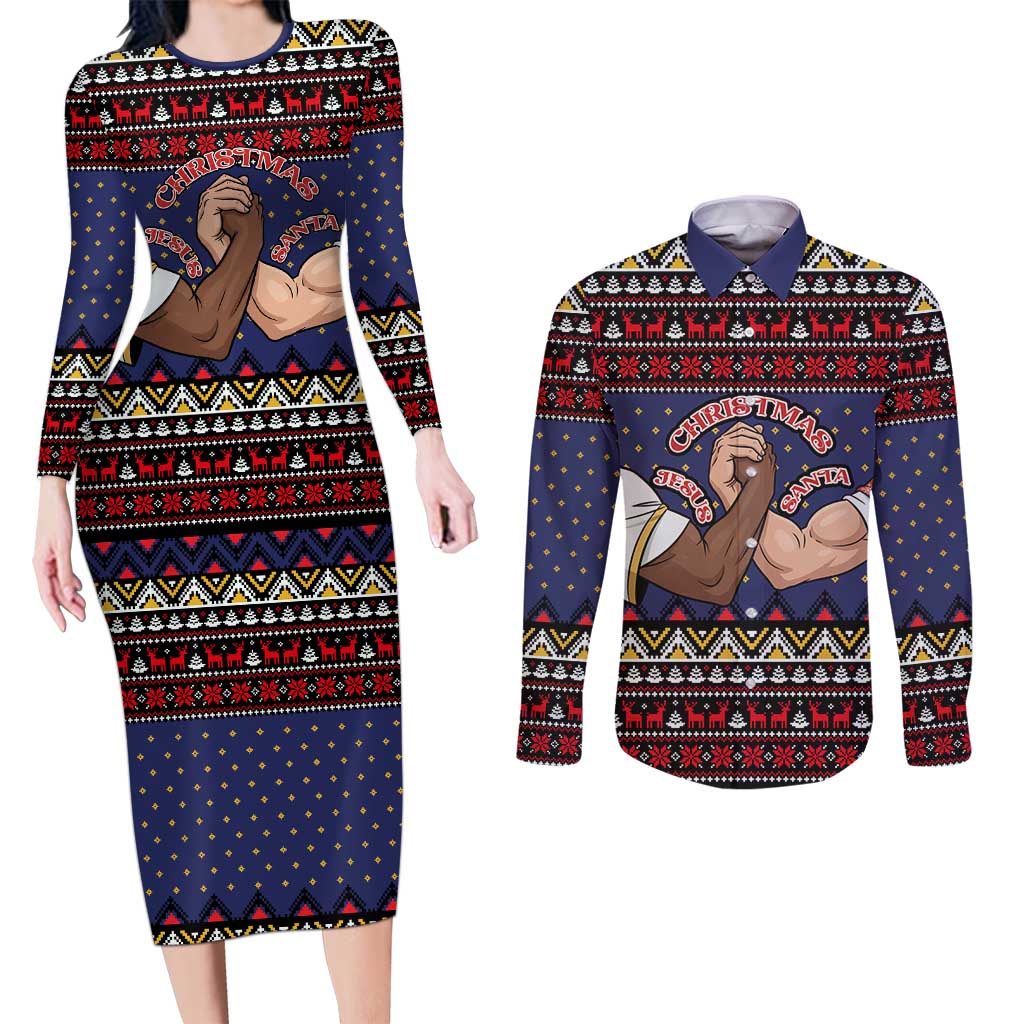 Santa And Jesus Christmas Christmas Couples Matching Long Sleeve Bodycon Dress and Long Sleeve Button Shirt Xmas Holiday Patterns - Wonder Print Shop