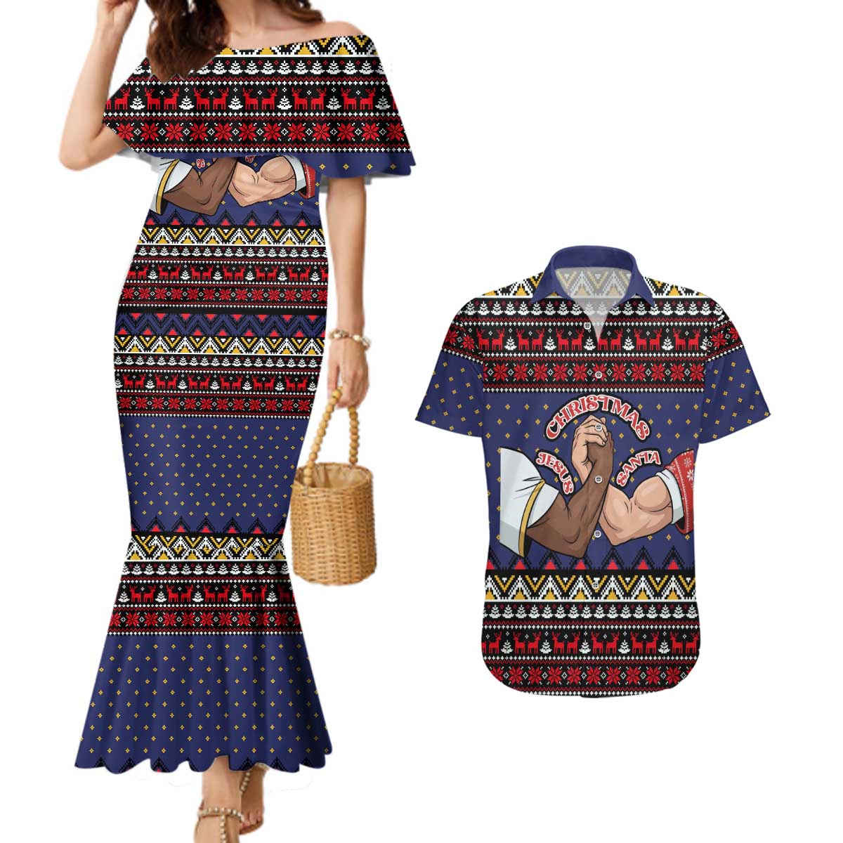 Santa And Jesus Christmas Christmas Couples Matching Mermaid Dress and Hawaiian Shirt Xmas Holiday Patterns - Wonder Print Shop