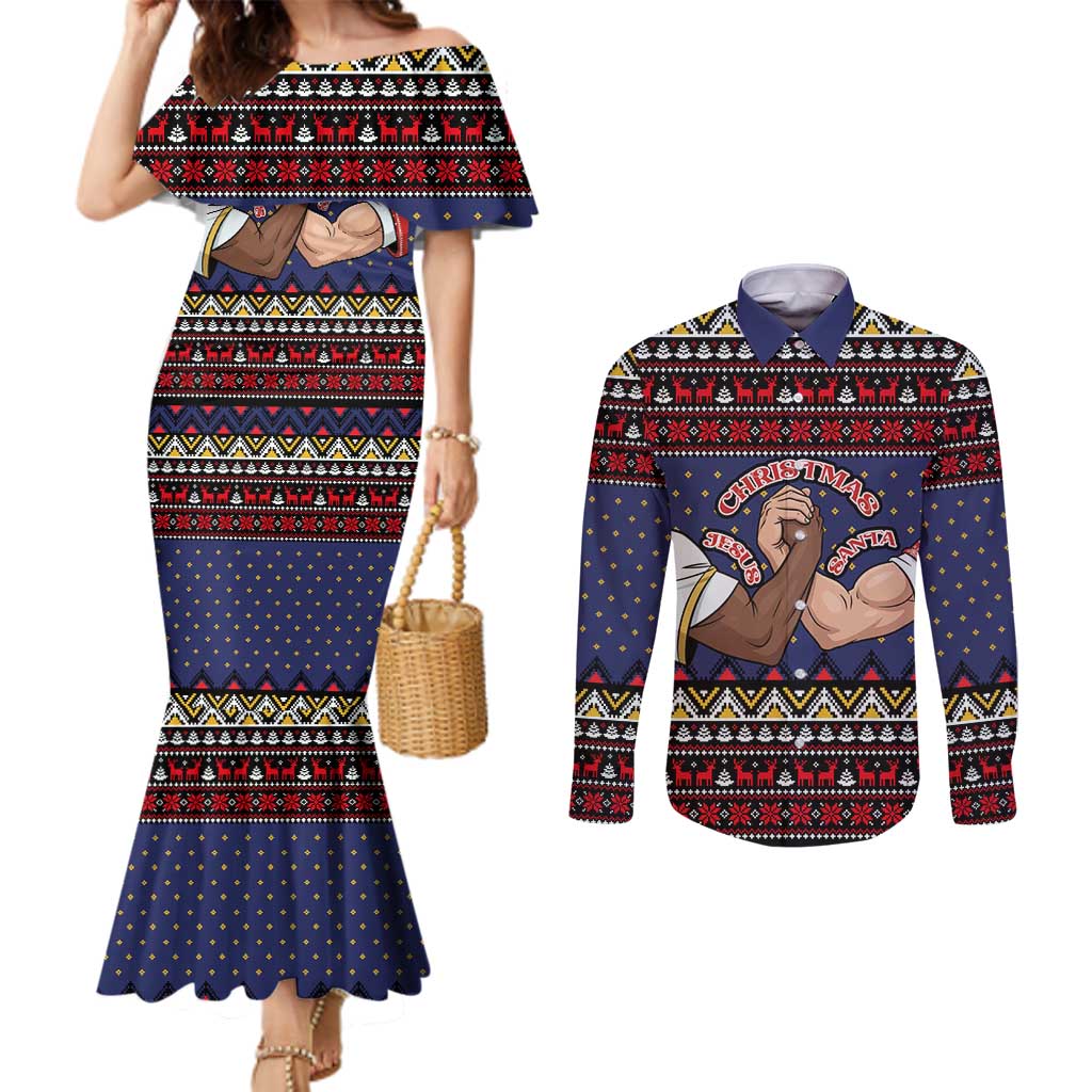 Santa And Jesus Christmas Christmas Couples Matching Mermaid Dress and Long Sleeve Button Shirt Xmas Holiday Patterns - Wonder Print Shop