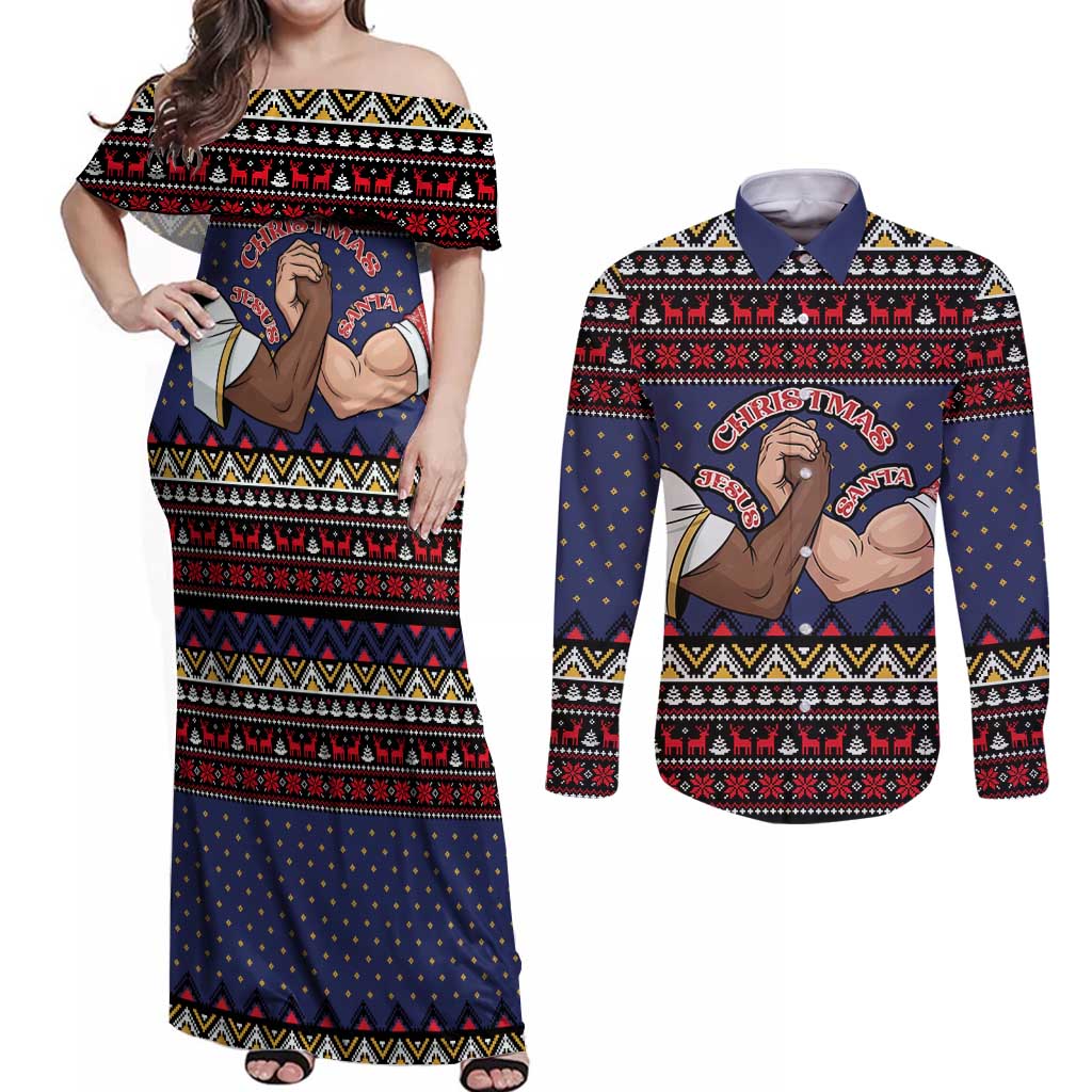 Santa And Jesus Christmas Christmas Couples Matching Off Shoulder Maxi Dress and Long Sleeve Button Shirt Xmas Holiday Patterns - Wonder Print Shop