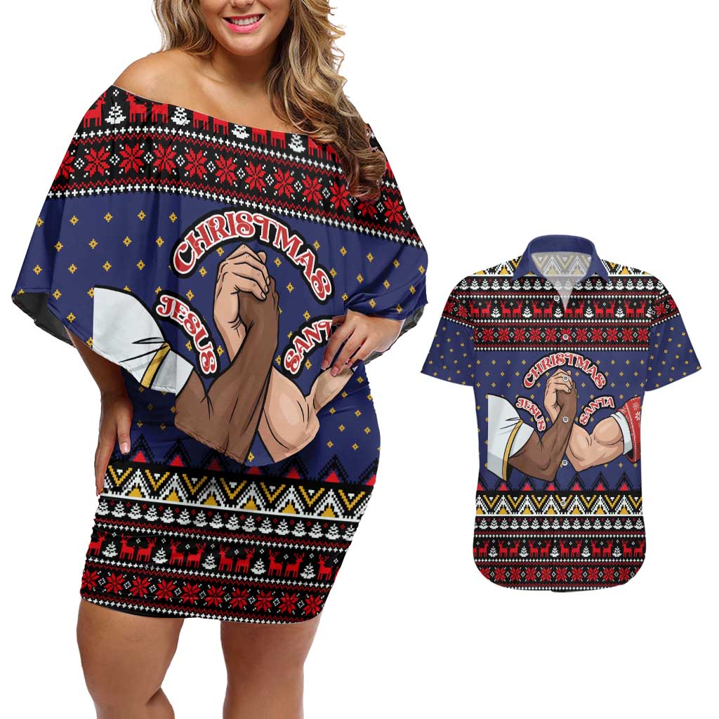 Santa And Jesus Christmas Christmas Couples Matching Off Shoulder Short Dress and Hawaiian Shirt Xmas Holiday Patterns - Wonder Print Shop