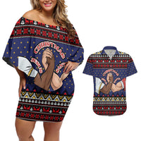 Santa And Jesus Christmas Christmas Couples Matching Off Shoulder Short Dress and Hawaiian Shirt Xmas Holiday Patterns - Wonder Print Shop