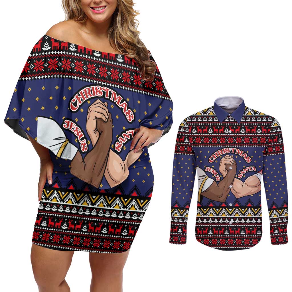 Santa And Jesus Christmas Christmas Couples Matching Off Shoulder Short Dress and Long Sleeve Button Shirt Xmas Holiday Patterns - Wonder Print Shop