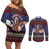 Santa And Jesus Christmas Christmas Couples Matching Off Shoulder Short Dress and Long Sleeve Button Shirt Xmas Holiday Patterns - Wonder Print Shop