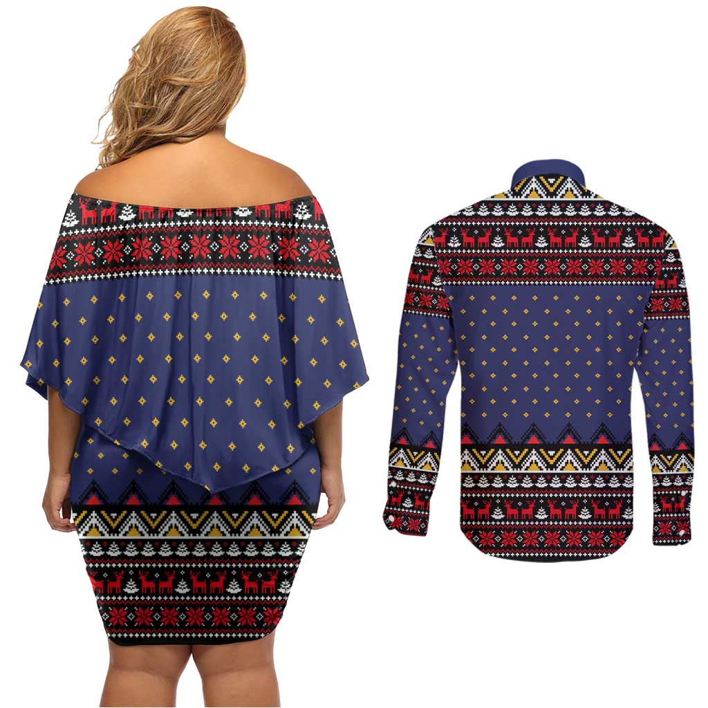 Santa And Jesus Christmas Christmas Couples Matching Off Shoulder Short Dress and Long Sleeve Button Shirt Xmas Holiday Patterns - Wonder Print Shop