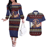 Santa And Jesus Christmas Christmas Couples Matching Off The Shoulder Long Sleeve Dress and Hawaiian Shirt Xmas Holiday Patterns - Wonder Print Shop