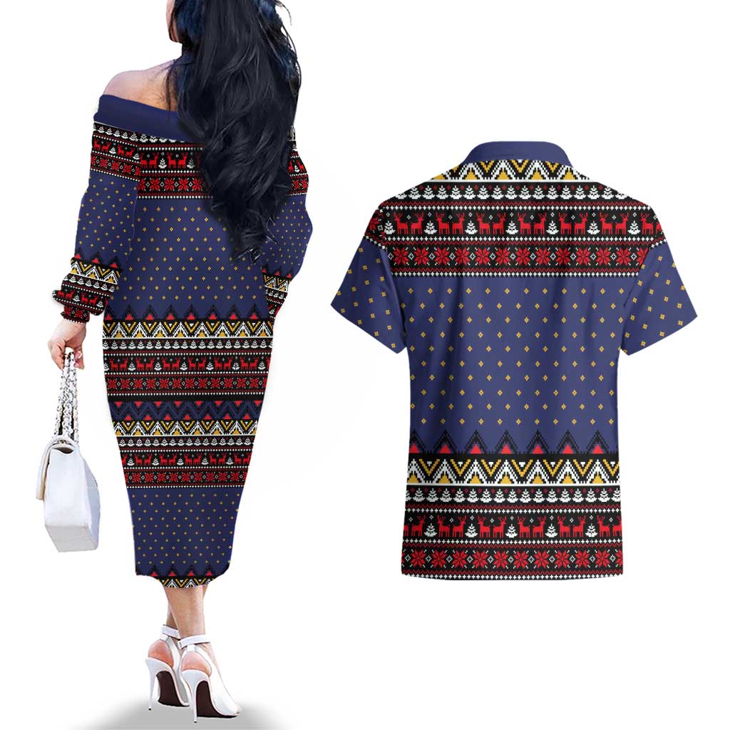 Santa And Jesus Christmas Christmas Couples Matching Off The Shoulder Long Sleeve Dress and Hawaiian Shirt Xmas Holiday Patterns - Wonder Print Shop