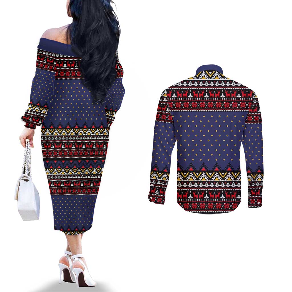 Santa And Jesus Christmas Christmas Couples Matching Off The Shoulder Long Sleeve Dress and Long Sleeve Button Shirt Xmas Holiday Patterns - Wonder Print Shop