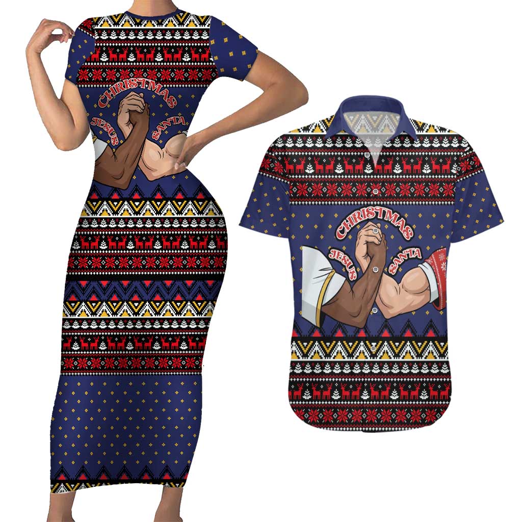 Santa And Jesus Christmas Christmas Couples Matching Short Sleeve Bodycon Dress and Hawaiian Shirt Xmas Holiday Patterns - Wonder Print Shop