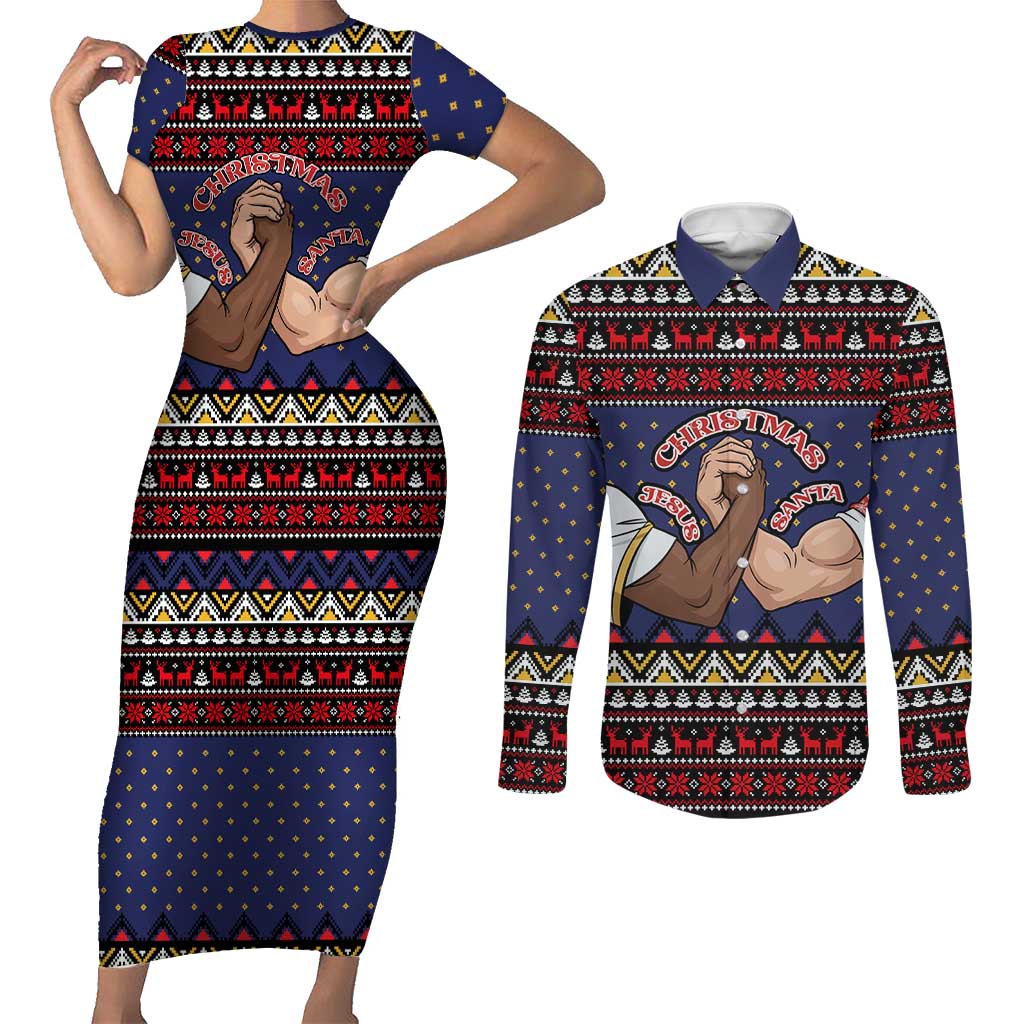 Santa And Jesus Christmas Christmas Couples Matching Short Sleeve Bodycon Dress and Long Sleeve Button Shirt Xmas Holiday Patterns - Wonder Print Shop
