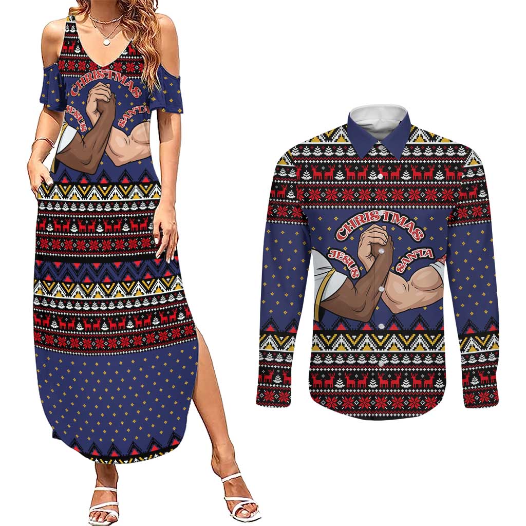 Santa And Jesus Christmas Christmas Couples Matching Summer Maxi Dress and Long Sleeve Button Shirt Xmas Holiday Patterns - Wonder Print Shop