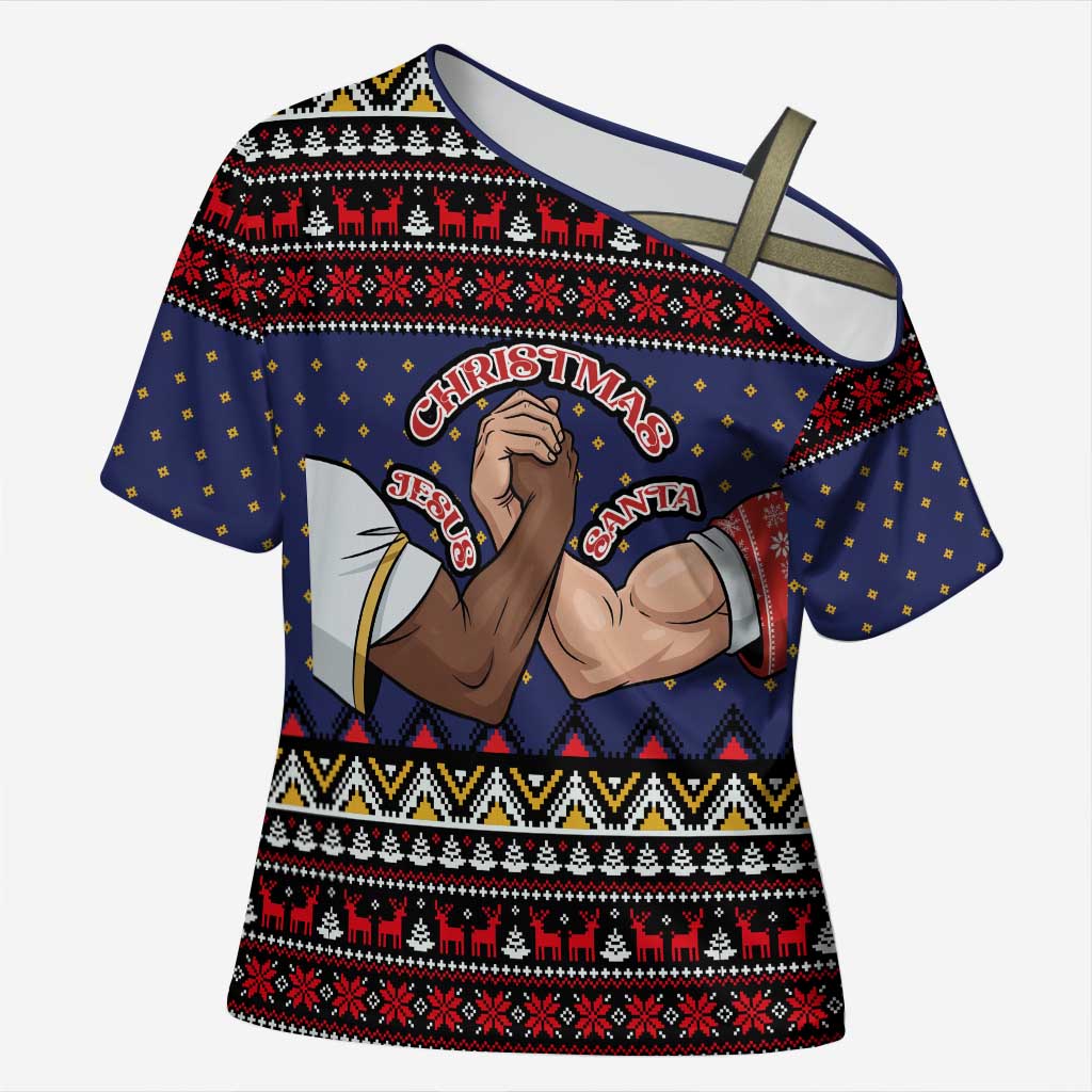 Santa And Jesus Christmas Christmas Cross Shoulder Shirt Xmas Holiday Patterns - Wonder Print Shop