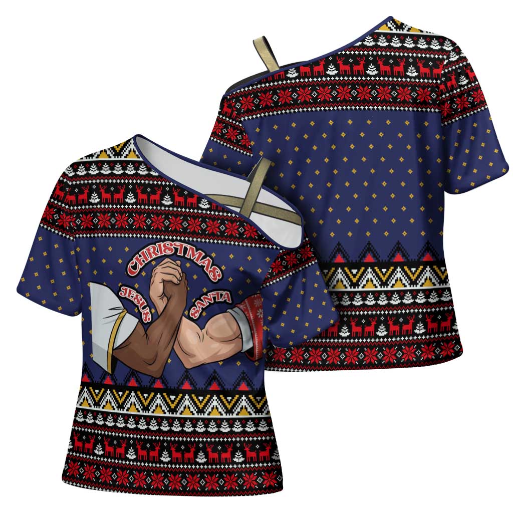 Santa And Jesus Christmas Christmas Cross Shoulder Shirt Xmas Holiday Patterns - Wonder Print Shop