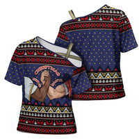 Santa And Jesus Christmas Christmas Cross Shoulder Shirt Xmas Holiday Patterns - Wonder Print Shop