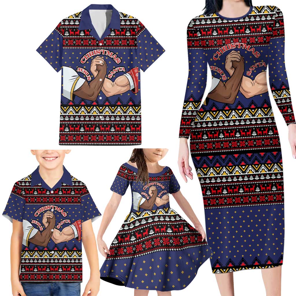 Santa And Jesus Christmas Christmas Family Matching Long Sleeve Bodycon Dress and Hawaiian Shirt Xmas Holiday Patterns - Wonder Print Shop