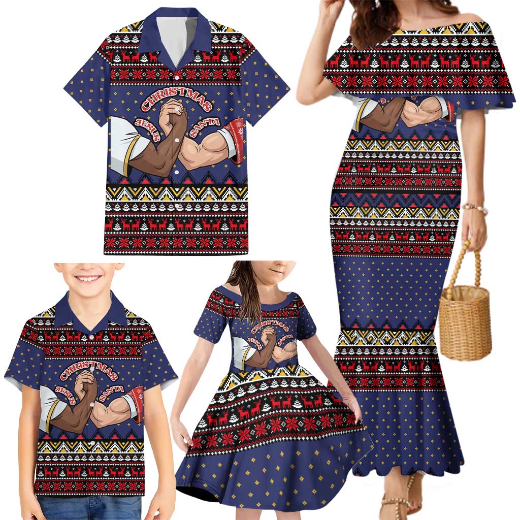 Santa And Jesus Christmas Christmas Family Matching Mermaid Dress and Hawaiian Shirt Xmas Holiday Patterns - Wonder Print Shop