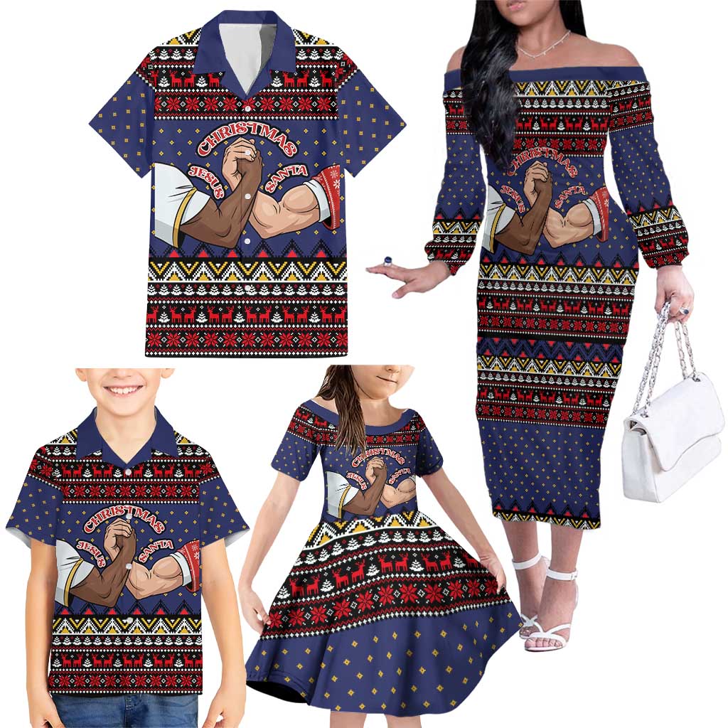 Santa And Jesus Christmas Christmas Family Matching Off The Shoulder Long Sleeve Dress and Hawaiian Shirt Xmas Holiday Patterns - Wonder Print Shop