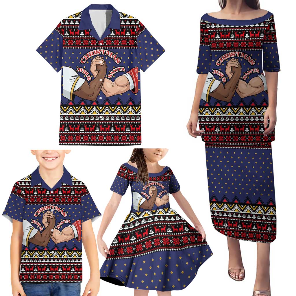 Santa And Jesus Christmas Christmas Family Matching Puletasi and Hawaiian Shirt Xmas Holiday Patterns - Wonder Print Shop