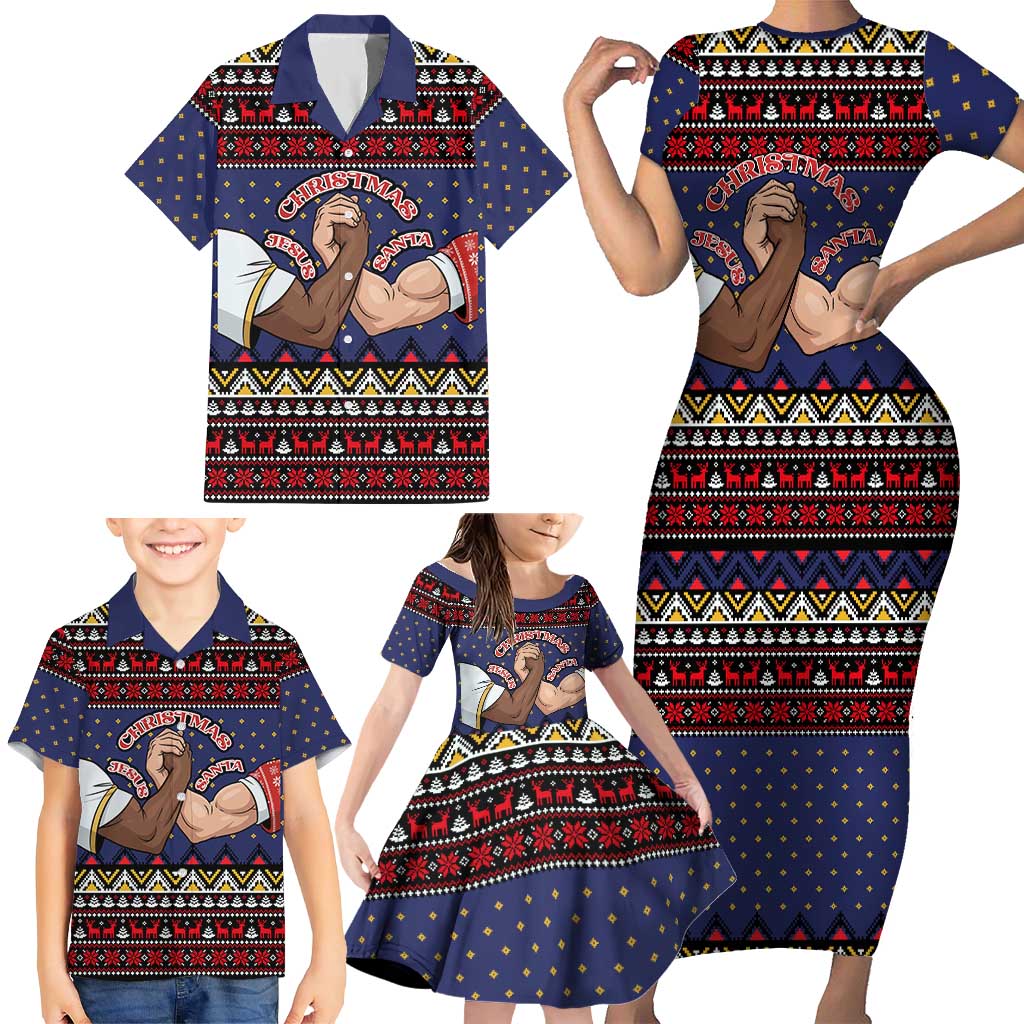 Santa And Jesus Christmas Christmas Family Matching Short Sleeve Bodycon Dress and Hawaiian Shirt Xmas Holiday Patterns - Wonder Print Shop
