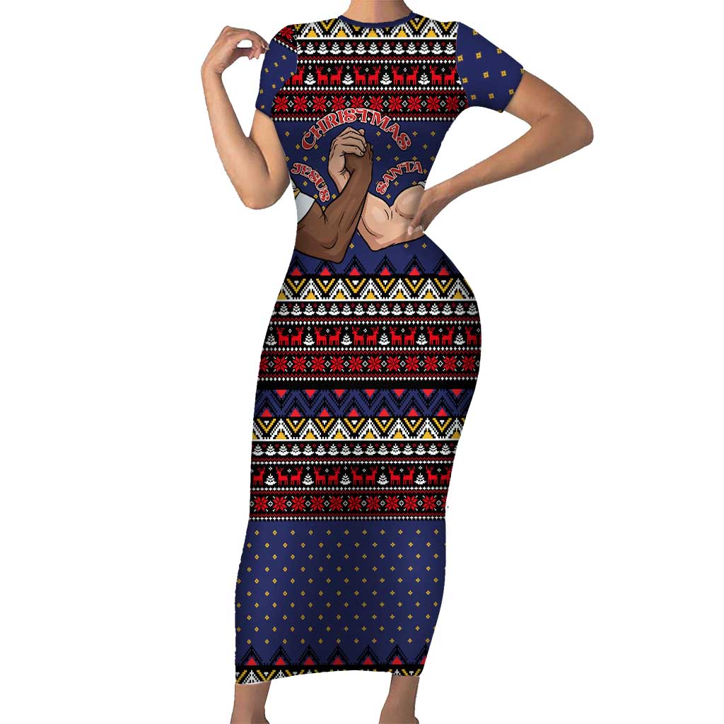 Santa And Jesus Christmas Christmas Family Matching Short Sleeve Bodycon Dress and Hawaiian Shirt Xmas Holiday Patterns - Wonder Print Shop