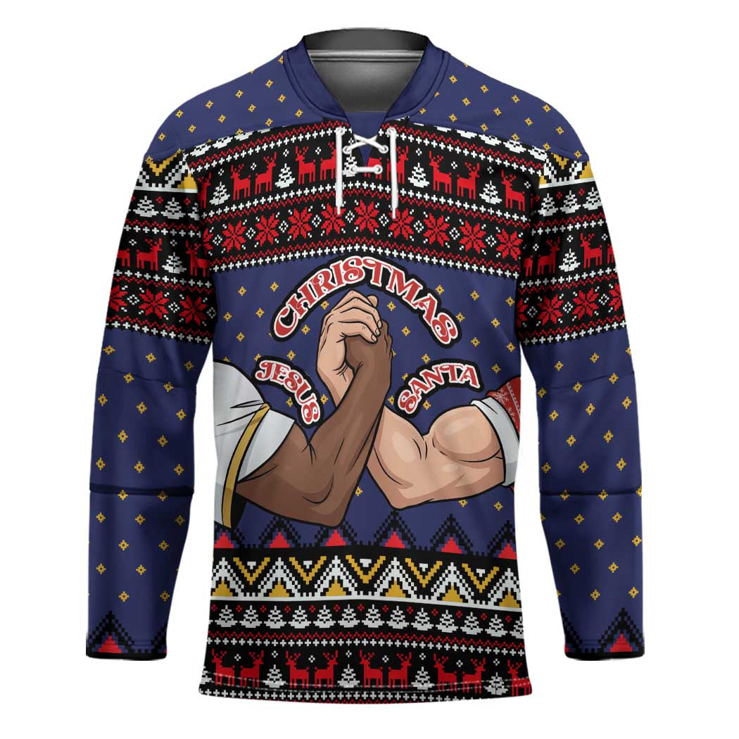 Santa And Jesus Christmas Christmas Hockey Jersey Xmas Holiday Patterns - Wonder Print Shop